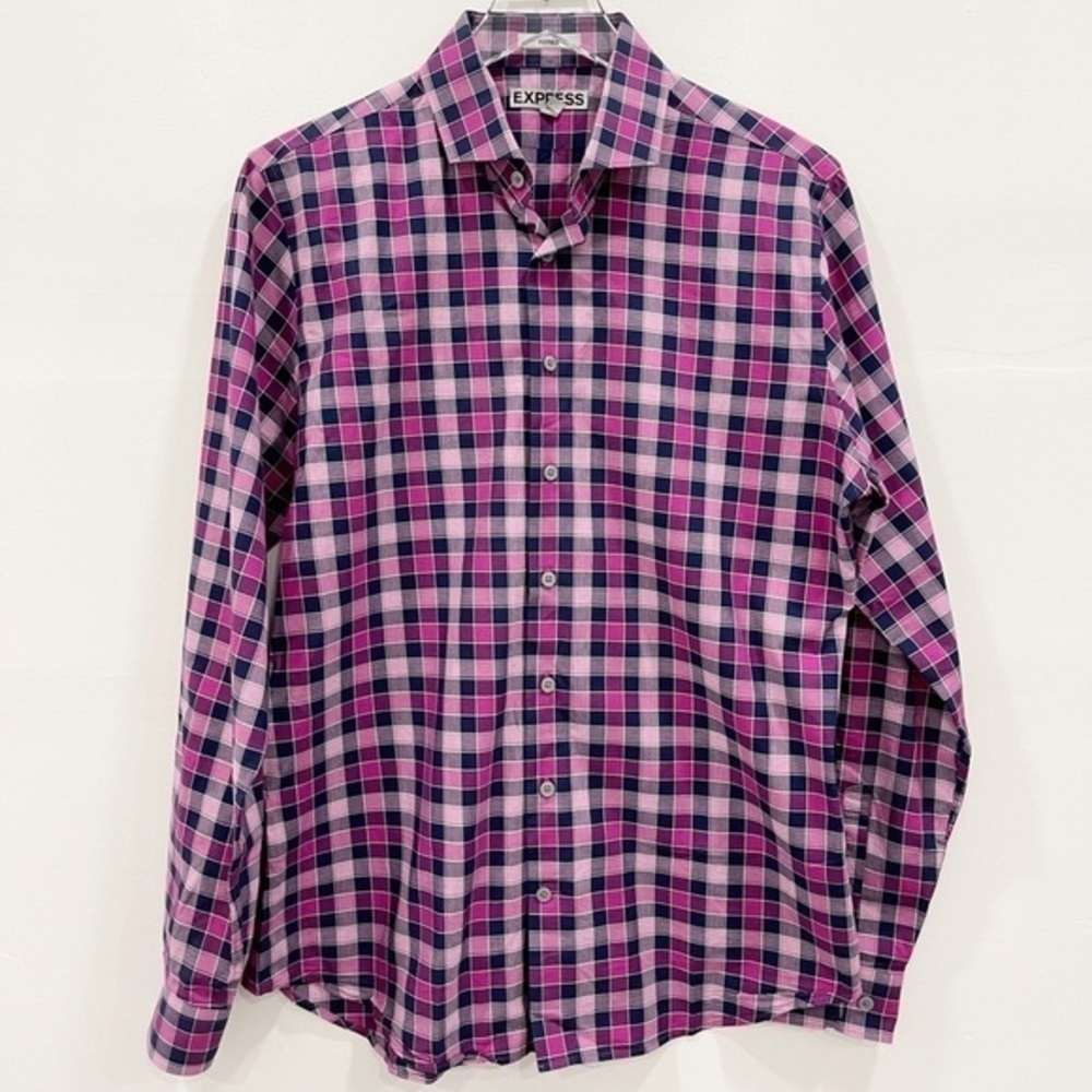Express Fitted Pink Plaid Check Shirt Long Sleeve Button Up Cotton M 15-15 1/2